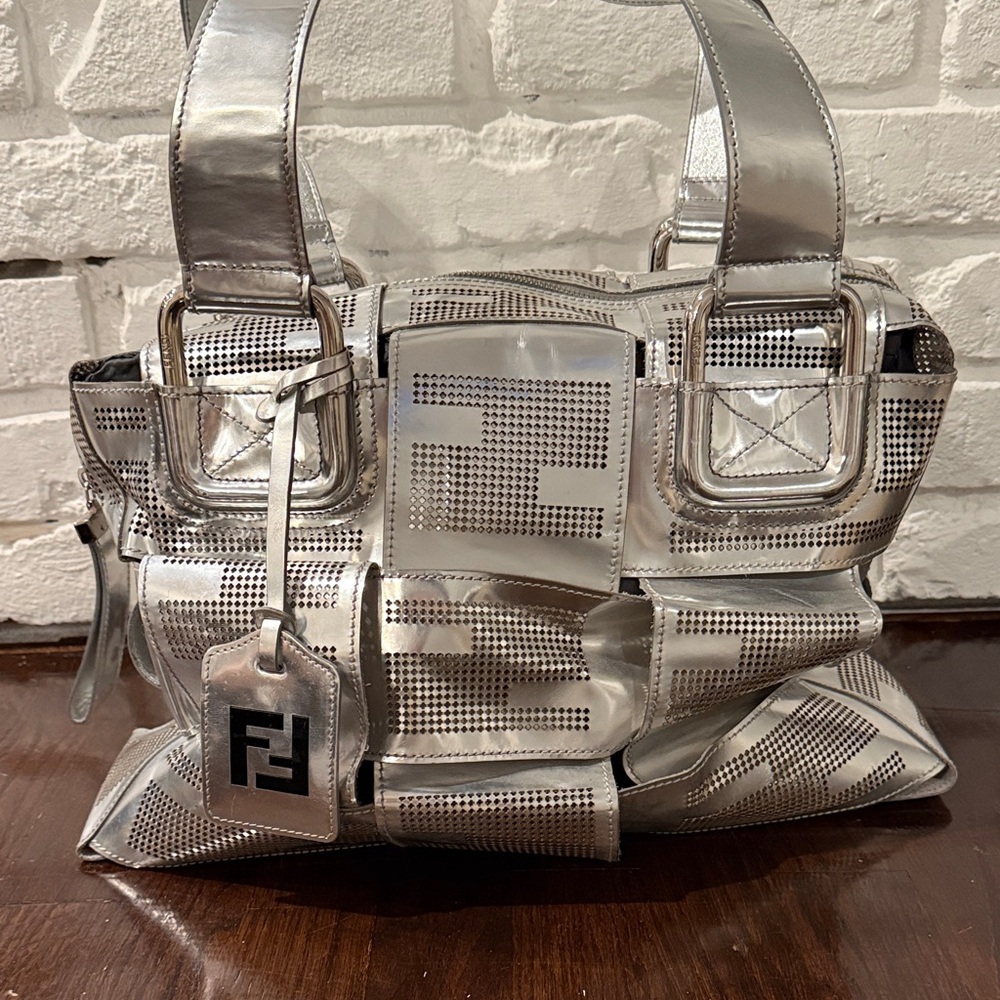 Fendi Metallic Silver Crossword Tote Bag EUC